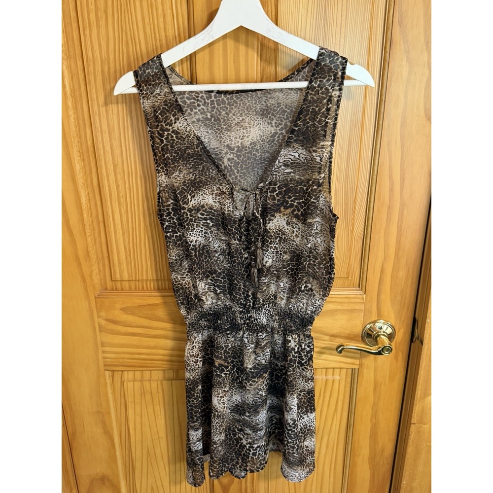 Women's Leopard Print Swim Cover Up Dress Brown Sleeveless Tassel Tie Beach S/M